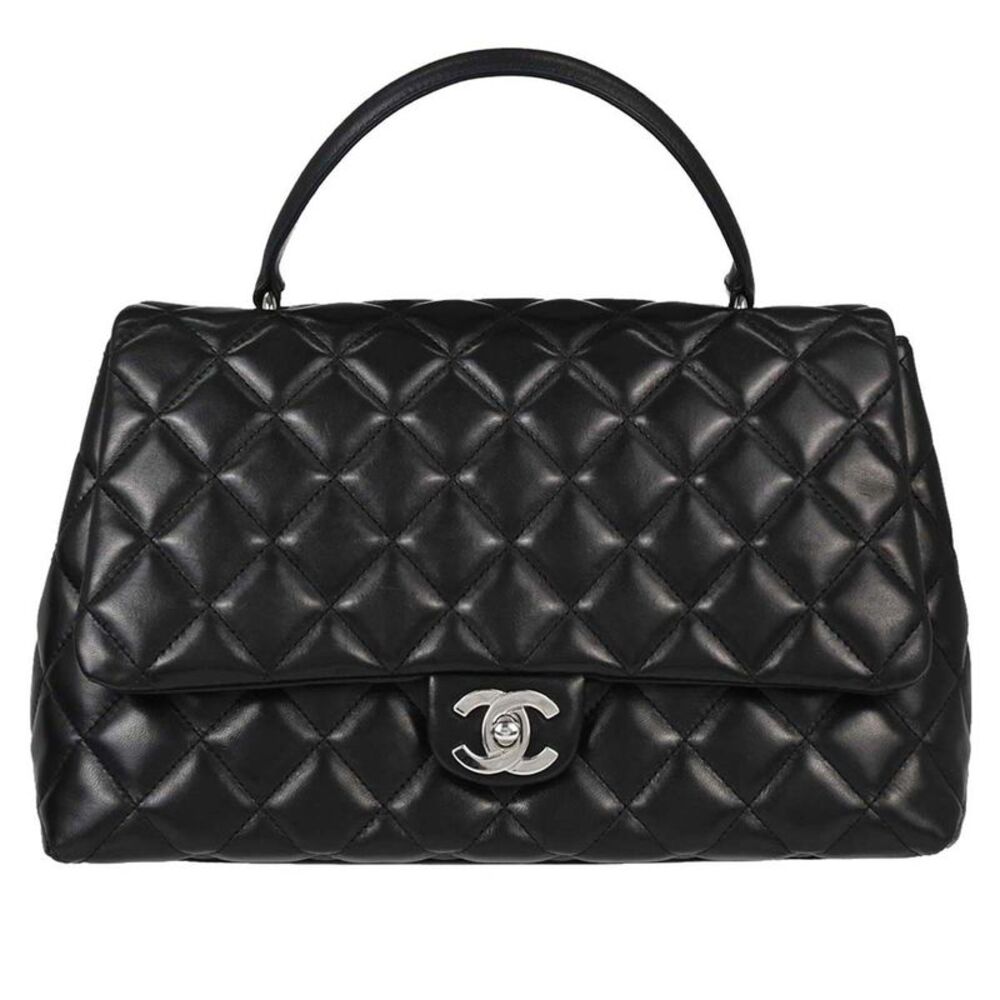 Chanel Vintage Classic Top Handle Flap Quilted Lambskin Black Leather Handbag